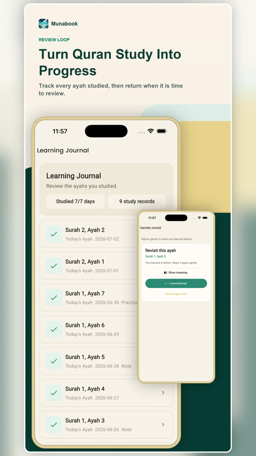 Munabook Quran learning journal and progress